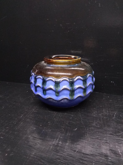 Contemporary Blue Glaze Vase with Ripple Detail