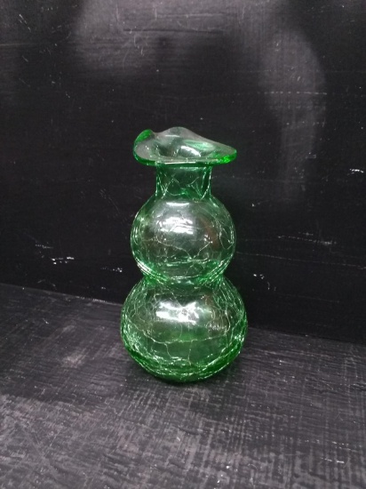 Artisan Green Crackle Glass Vase with Pontil