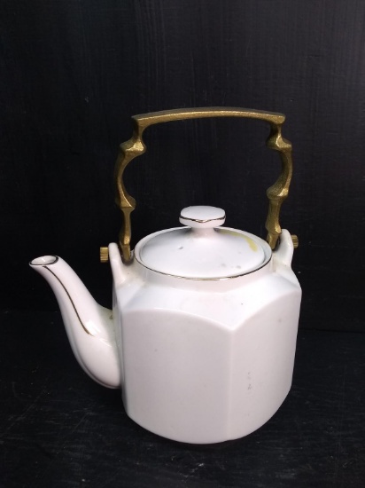 Contemporary White Ceramic Octagon Teapot with Brass Handle