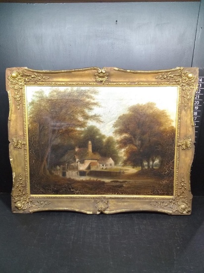 Antique Oil on Canvas With Antique Gesso Frame-Farm House Amongst the Trees