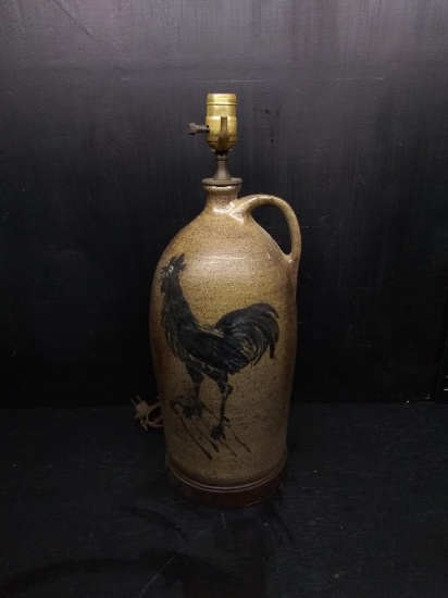 Vintage Pottery Handle Water Jug with Embossed Rooster -Converted to Lamp