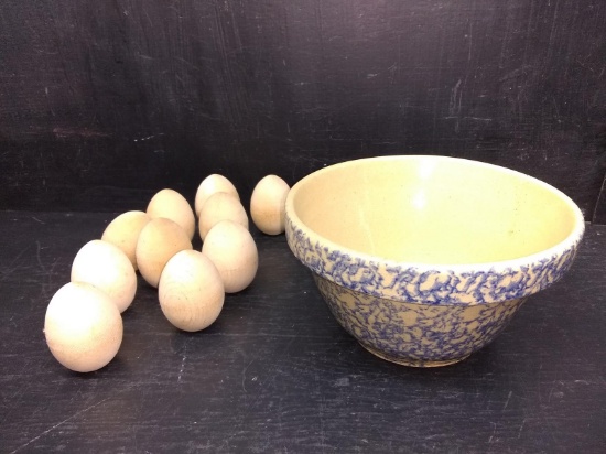 Robinson Ransbottom Spongeware Pottery Bowl w/ Wooden Eggs