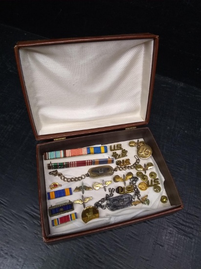 Collection Assorted Military Bars, Pins, & Jewelry with Box