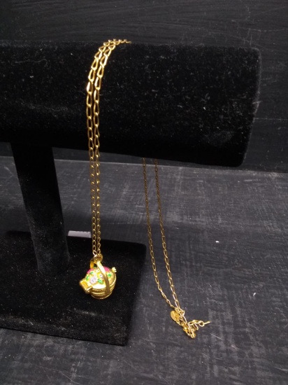 Gold Tone Sewing Basket Pendant Necklace