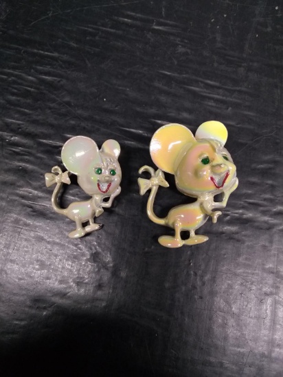 Pair Vintage Novelty Luster Coated Metal Mice Pins