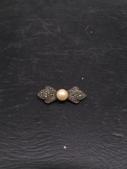 Vintage Sterling Silver & Rhinestone with Faux Pearl Pin