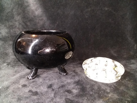 Vintage Black Amethyst Footed Vase with Glass Flower Frog
