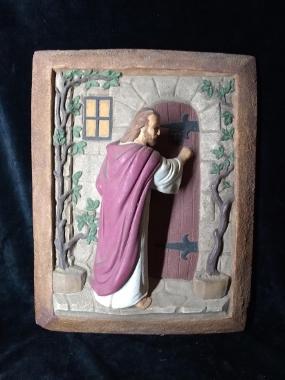 Painted Plaster Wall Plaque-Jesus Knocking at Door