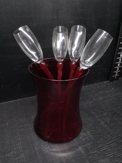 Vintage Ruby Red Vase with Ruby Red Stick Champagne Glasses