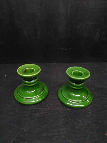 Pair of Green Ceramic Colonial Candlesticks