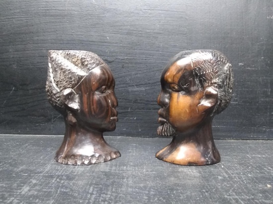 Pair Hand Carved Wooden Busts