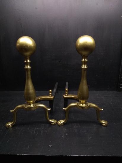 Pair Brass Fire Dogs with Lion Claw Feet