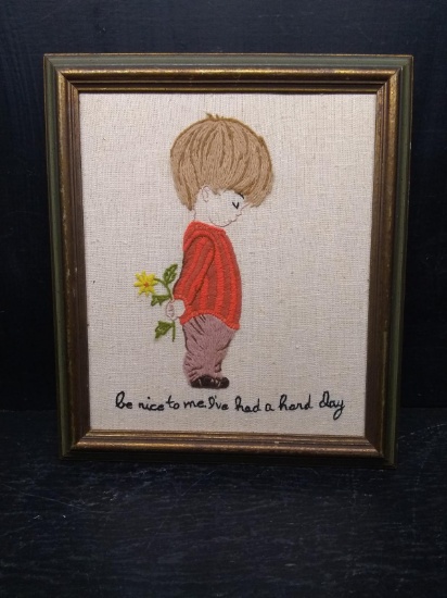 Framed Needlepoint -Boy with Flowers