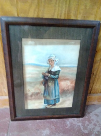 Antique Framed and Matted Chalk-Pilgrim Girl
