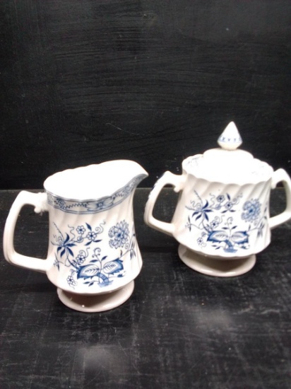 Pair Blue and White Decorated Staffordshire Ironstone Sugar & Creamer-Blue Fjord