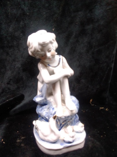 Blue and White Ceramic Figure-Girl and Ducks