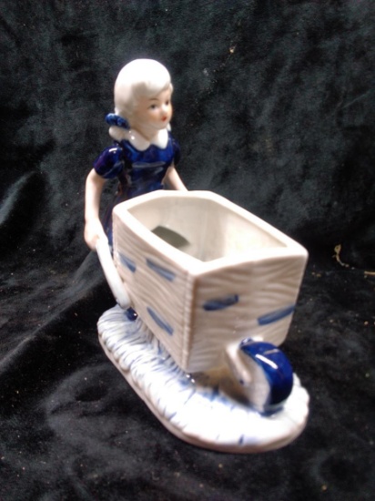 Blue and White Ceramic Figure-Girl and Wheelbarrow