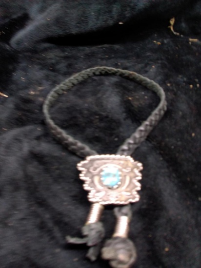 Black Braided Leather Bolo with Silver Tone and Turquoise Stone