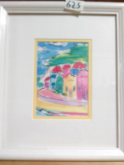Pair Framed and Matted Prints-Colorful Houses signed