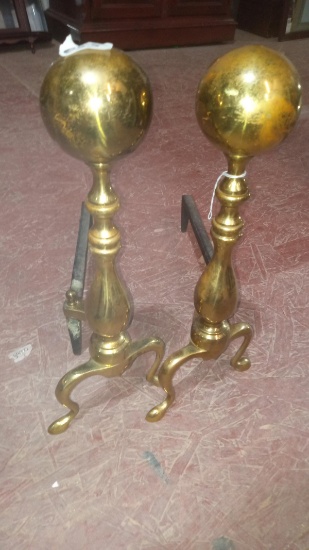 Pair Brass Cannon Ball Fire Dogs