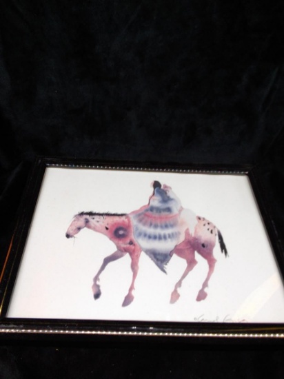 Vintage Framed Lithograph -Native American on Horseback signed Carol Griggs