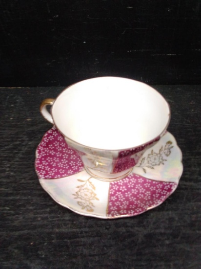 Vintage Tea Cup and Saucer-National Potters Assoc Maroon and Rose Decor