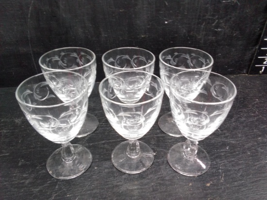 Set 6 Crystal Arcoroc French Stems with Etched Floral Detail