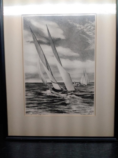 Framed and Matted Pencil-Chesapeake Log Cruise signed