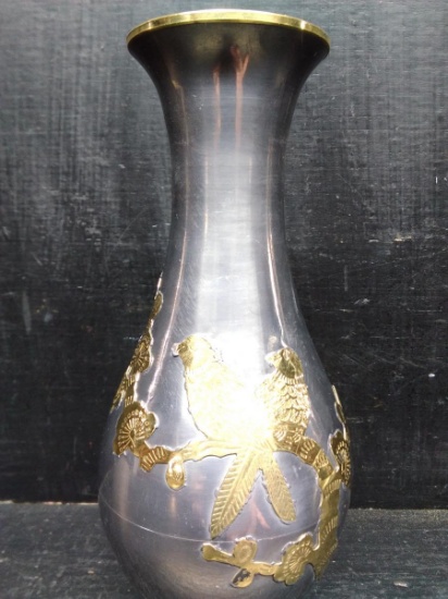 Pewter Vase Overlay with Brass Bird Motif