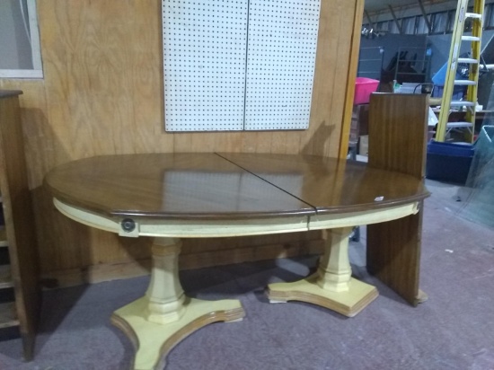French Provincial Style Pressed Aluminum Base Pecan Top Oval Dining Table with One Leaf