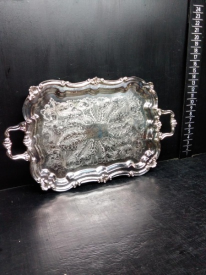 14.5x25 Silver plated Double Handle Serving Tray with Chased Edge