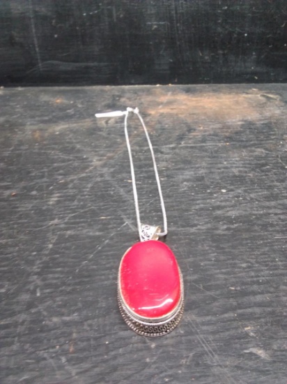 German Silver Polished Stone Pendant & Chain-Red Coral