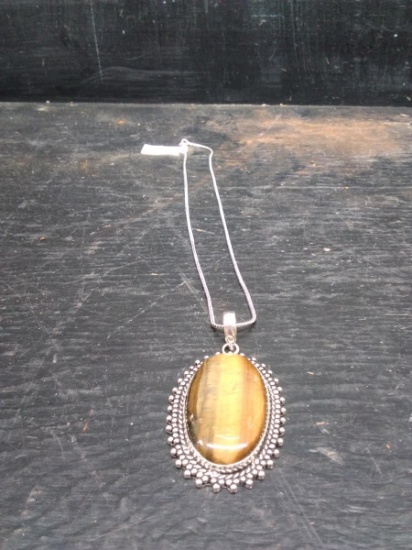 German Silver Polished Stone Pendant & Chain-Tiger Eye