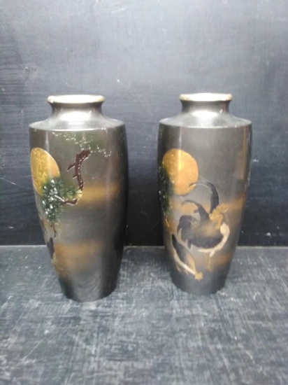 (2) Vintage Japanese Mixed Metal Cloisonne Style Bronze Vases (x2)