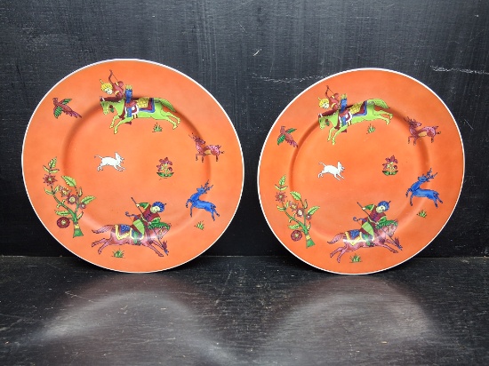 Pair Orange Glaze Oriental Warrior Plates