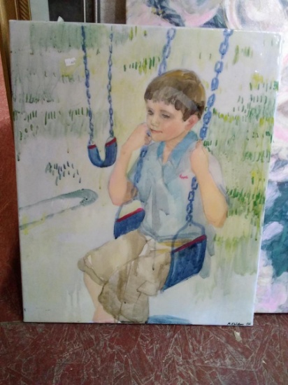 Watercolor on Canvas- Child in Swing signed M Williams 2002