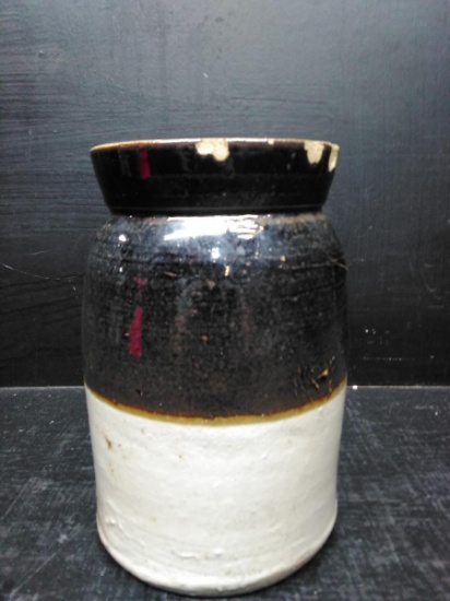 Brown and White Glazed Miniature Storage Crock