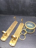 Pair Brass Candle Wall Sconces with Magnifying Glass