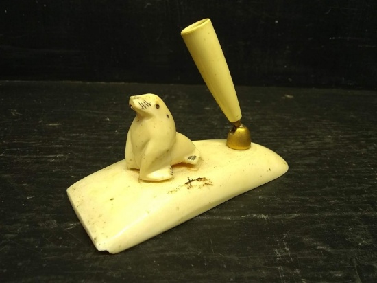 Antique Eskimo Inuit Walrus Ivory Pen Holder