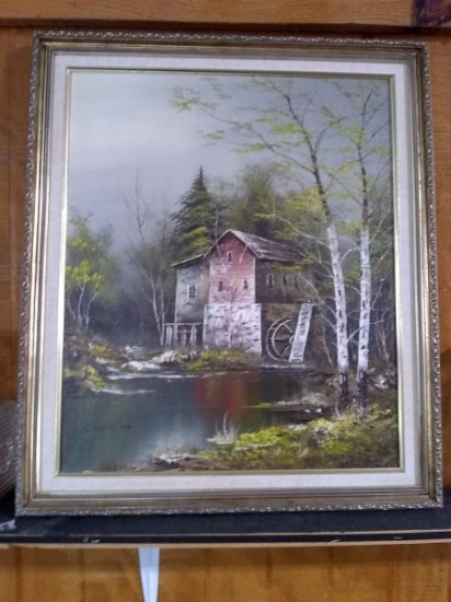 Framed Oil on Canvas-Old Grist Mill signed