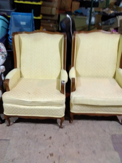Warehouse-(2) Vintage MCM Pecan Wingback Upholstered Chairs (x2)