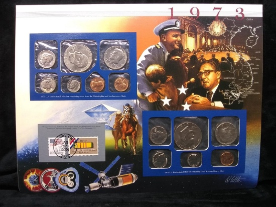 Uncirculated US Mint Set with Historical Info Coin & Stamp Sheet-1973