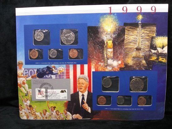 Uncirculated US Mint Set with Historical Info Coin & Stamp Sheet-1999