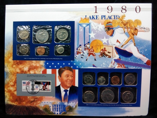 Uncirculated US Mint Set with Historical Info Coin & Stamp Sheet-1980
