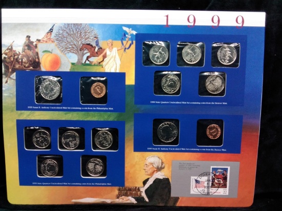 Uncirculated US Mint Set with Historical Info Coin & Stamp Sheet-1999