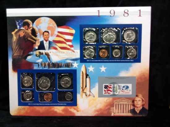 Uncirculated US Mint Set with Historical Info Coin & Stamp Sheet-1981