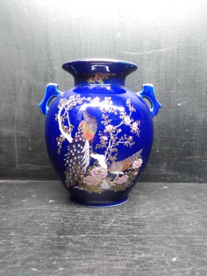 Decorative Cobalt Blue Oriental Vase with Peacock