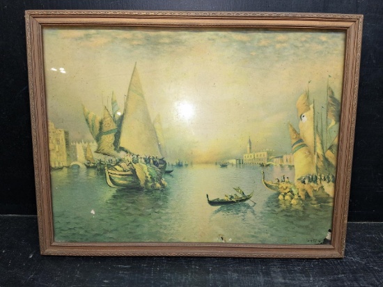 Framed Lithograph "Vense Harbor" Richard Dey De Ribcowsky