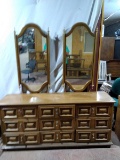 MCM Pecan Triple Dresser with Mirrors