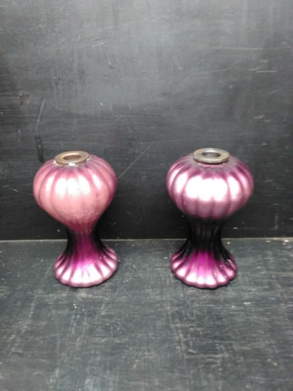 Pair Purple Metallic Ribbed Candlesticks